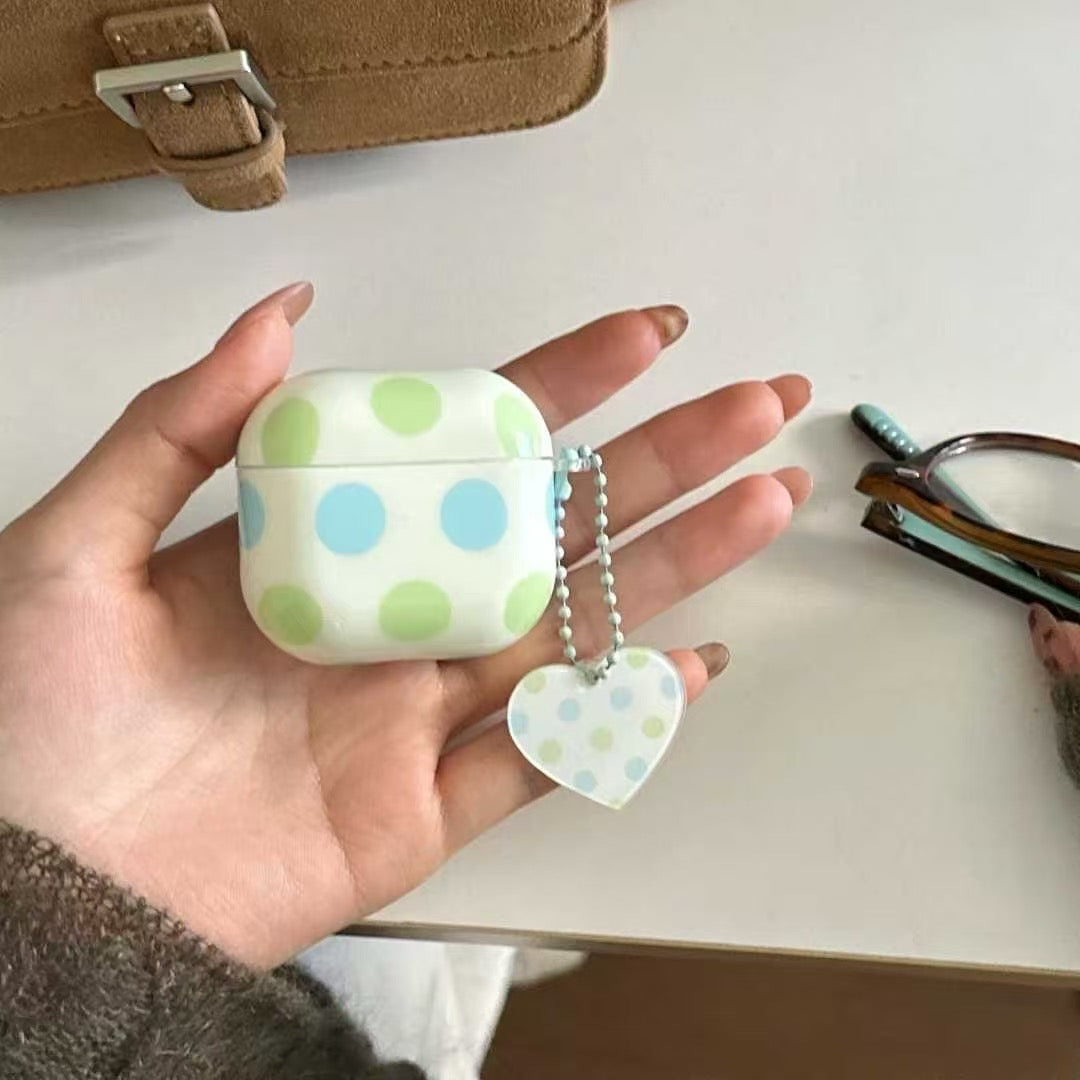 Polka Dot AirPods Case with Heart Charm – Pastel Blue & Green