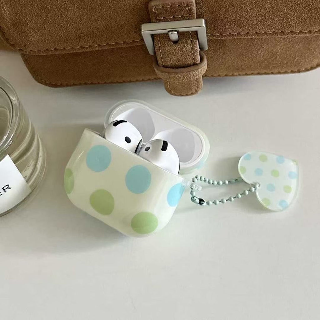 Polka Dot AirPods Case with Heart Charm – Pastel Blue & Green
