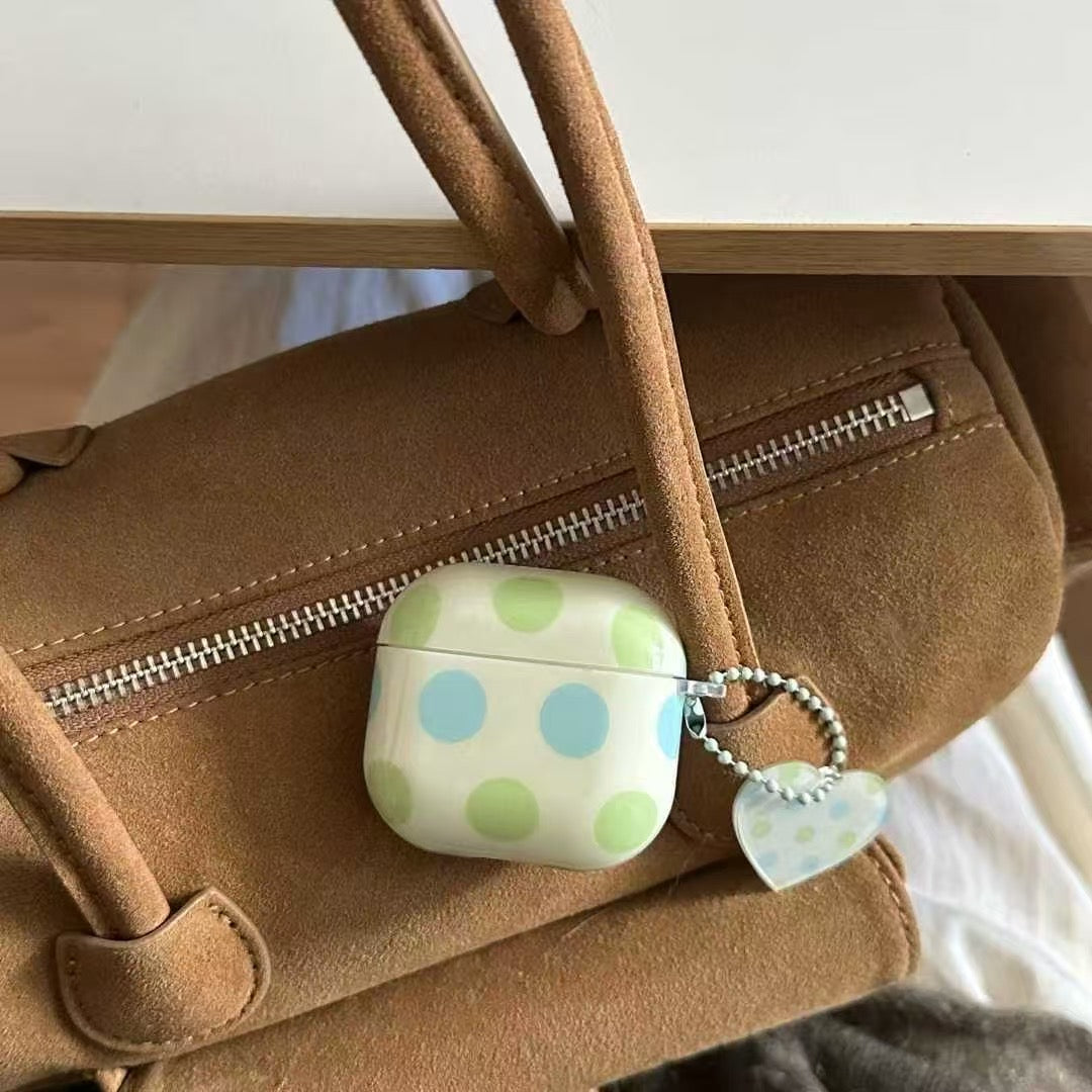 Polka Dot AirPods Case with Heart Charm – Pastel Blue & Green
